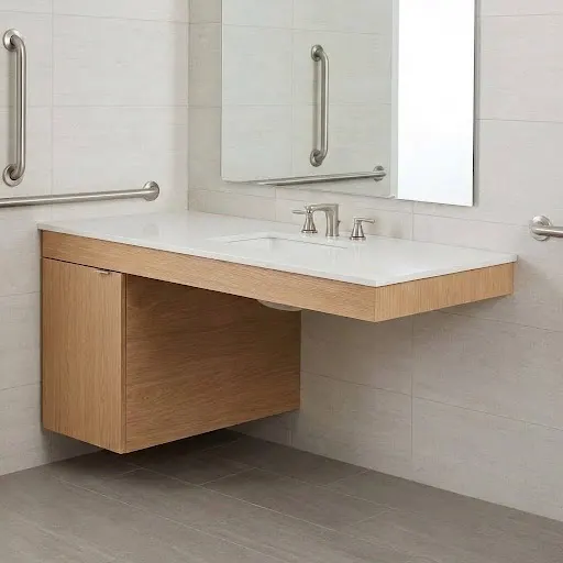 Wall-mounted wood vanity with knee clearance and elegant grab bars in an accessible bathroom