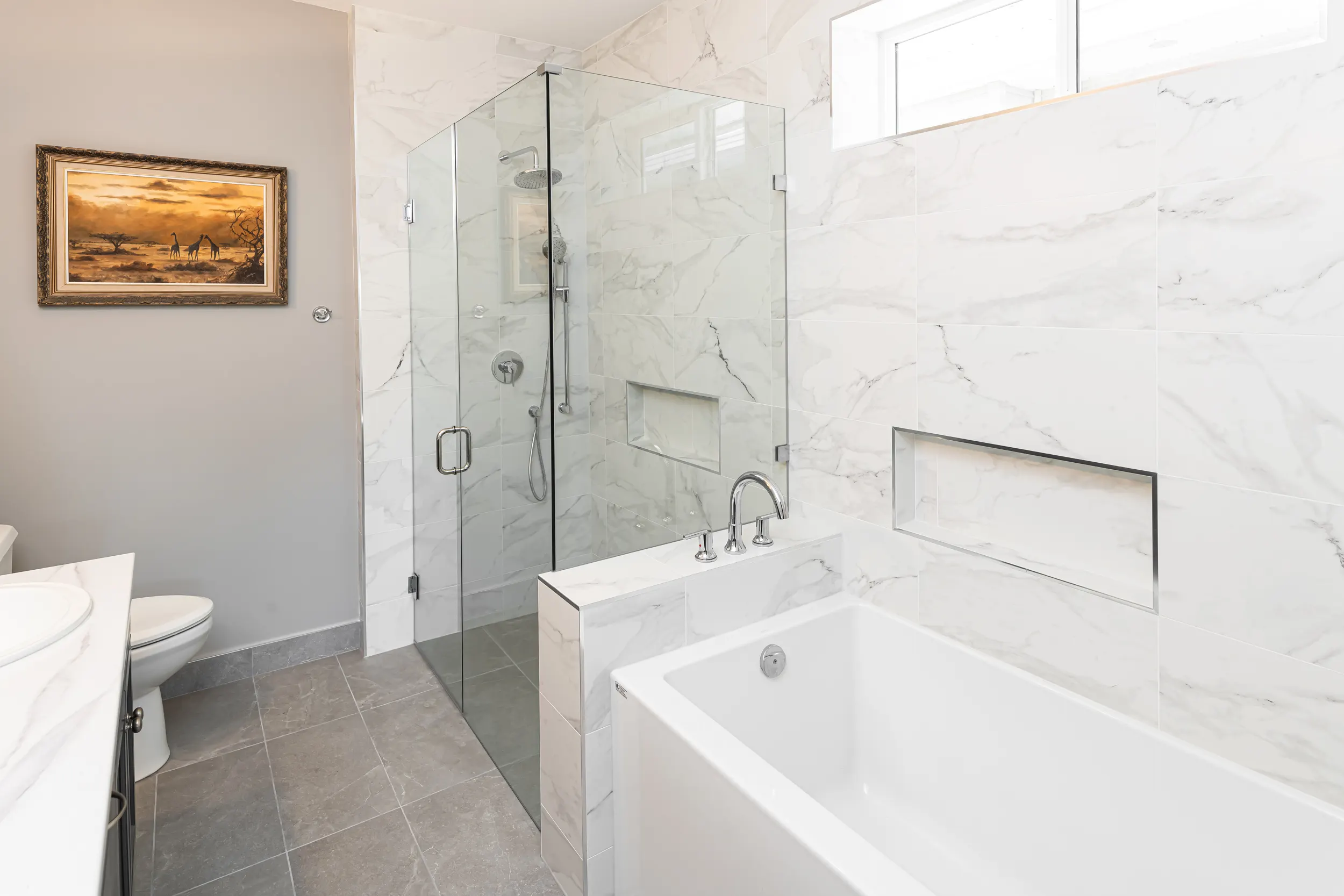 Beautifully tiled low-threshold accessible shower conversion in Chilliwack
