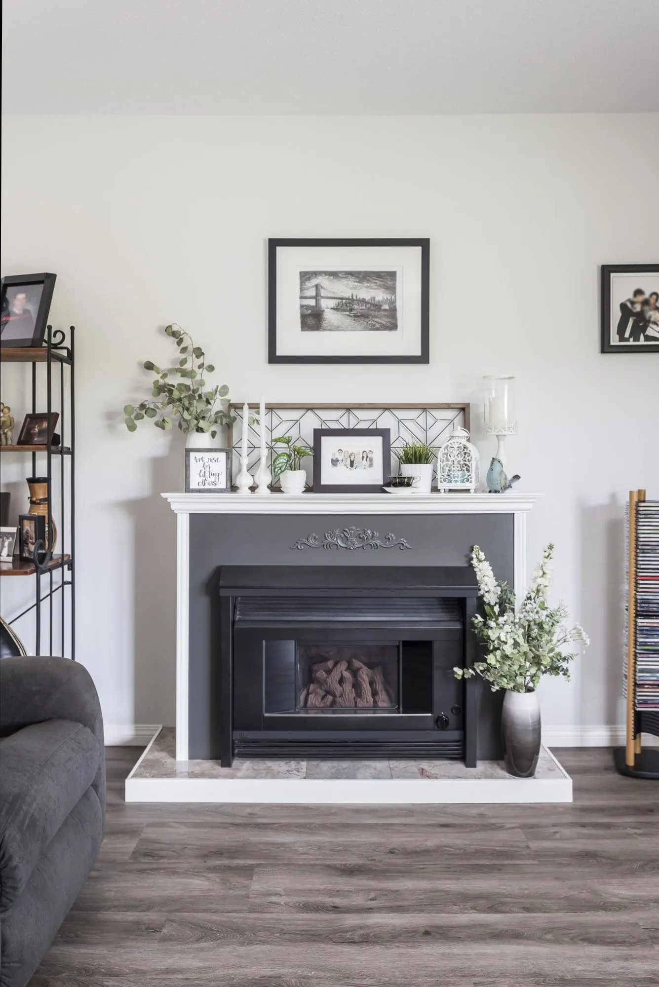 Bright entry and stairwell with crisp grey walls and white trim