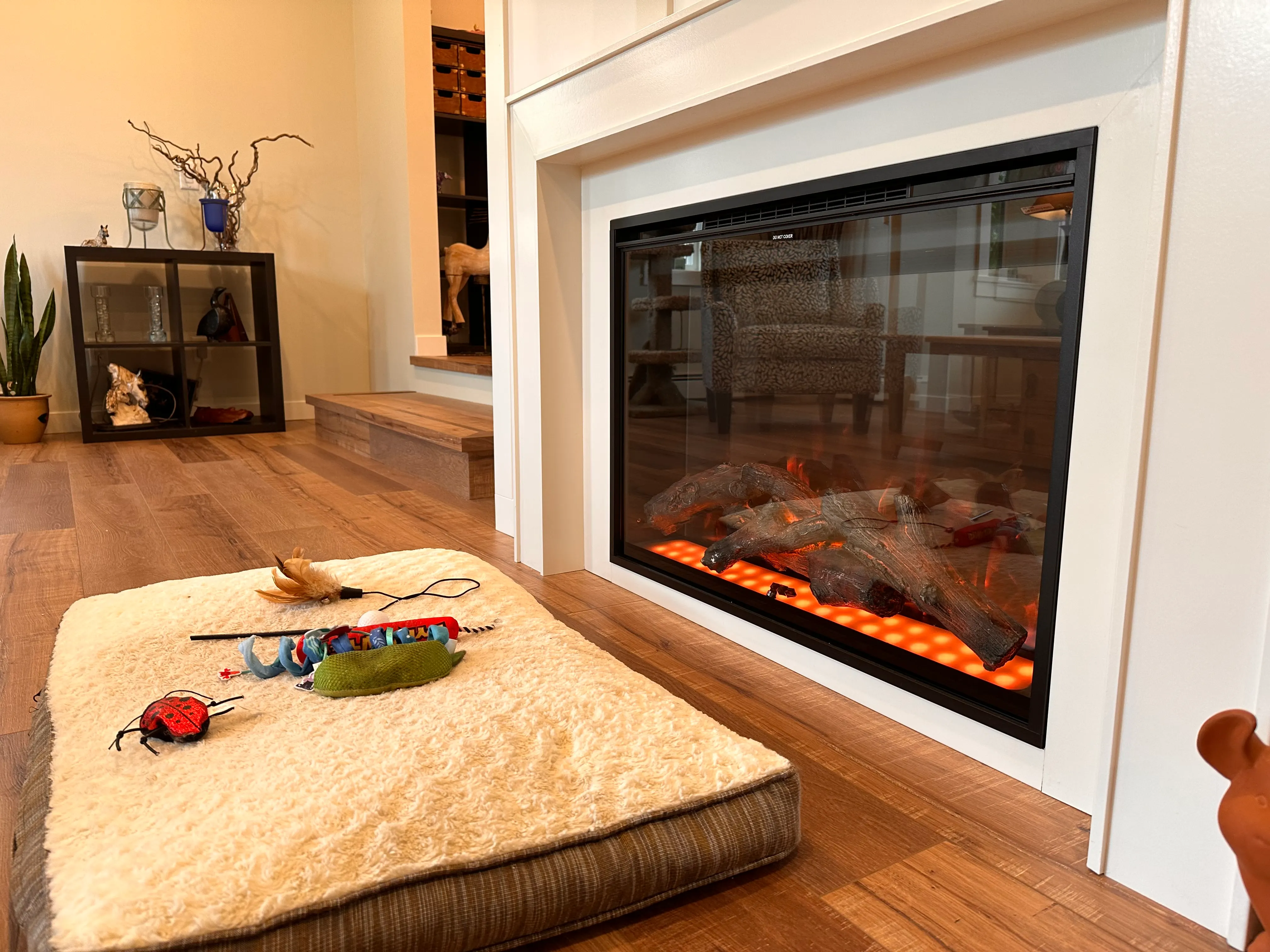 Living room with a white millwork fireplace wall and wood floors