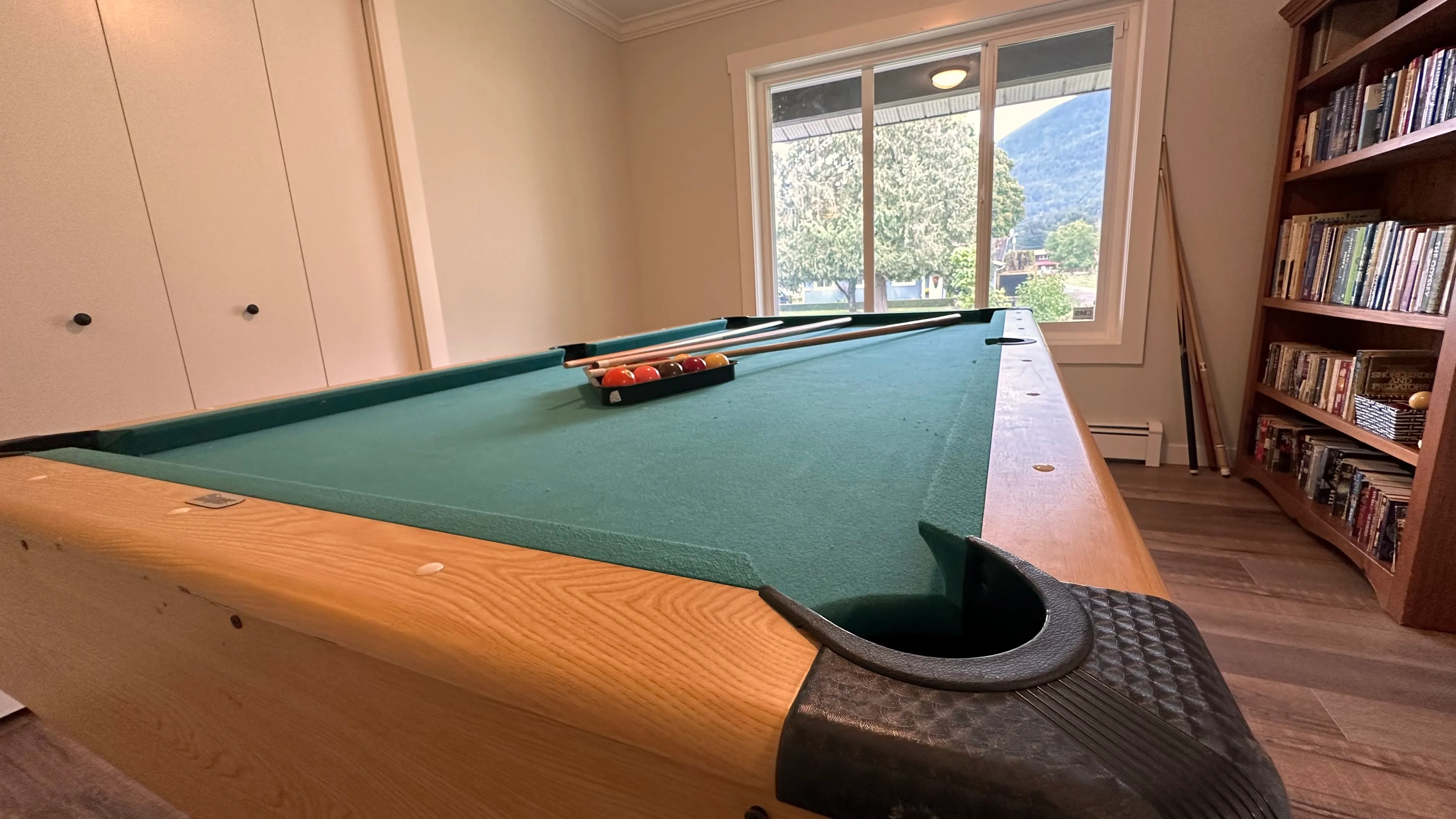 Games room with a pool table and built-in bookshelves