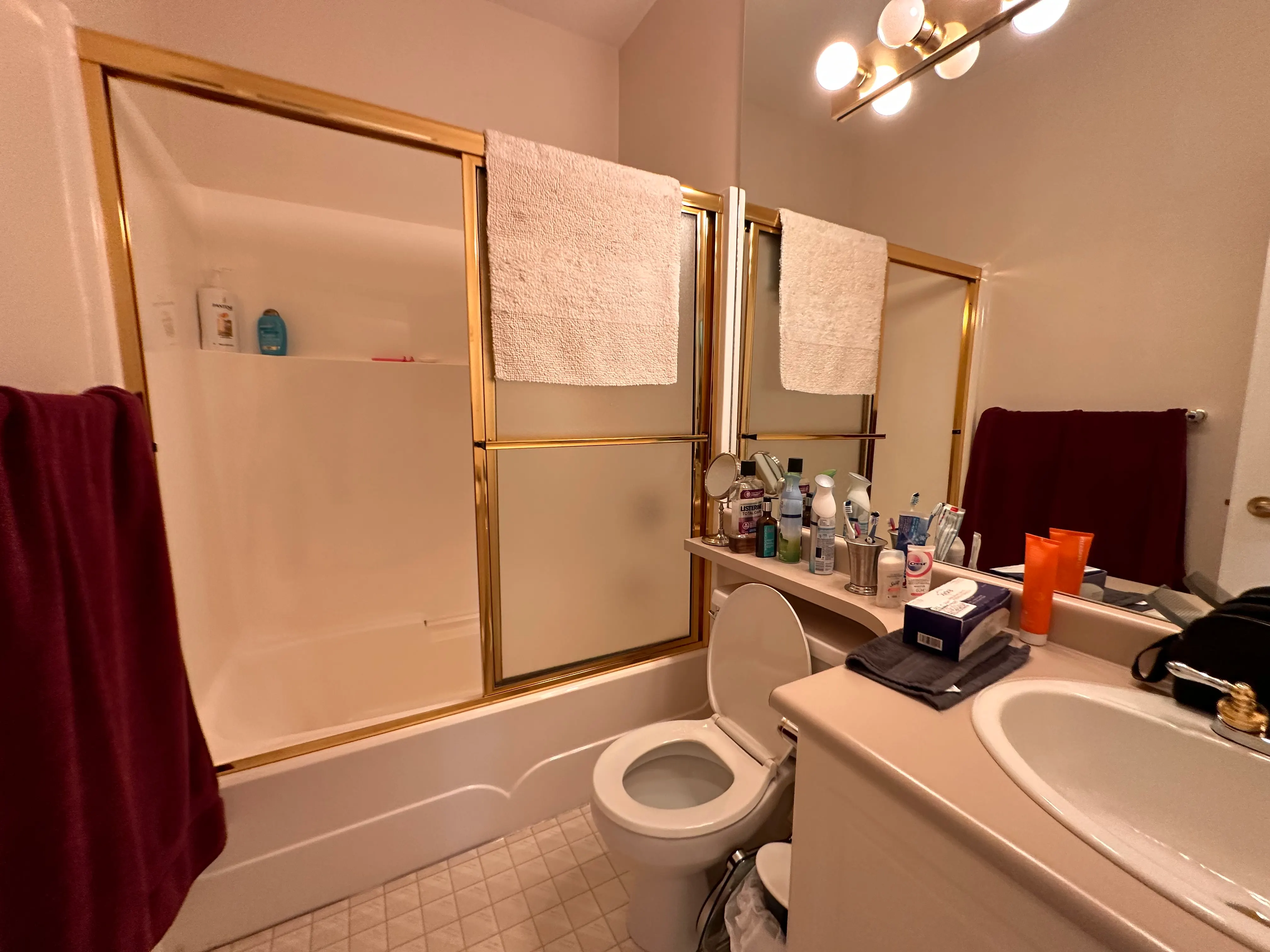 A bathroom with a gold-framed glass shower and a cultured-marble surround