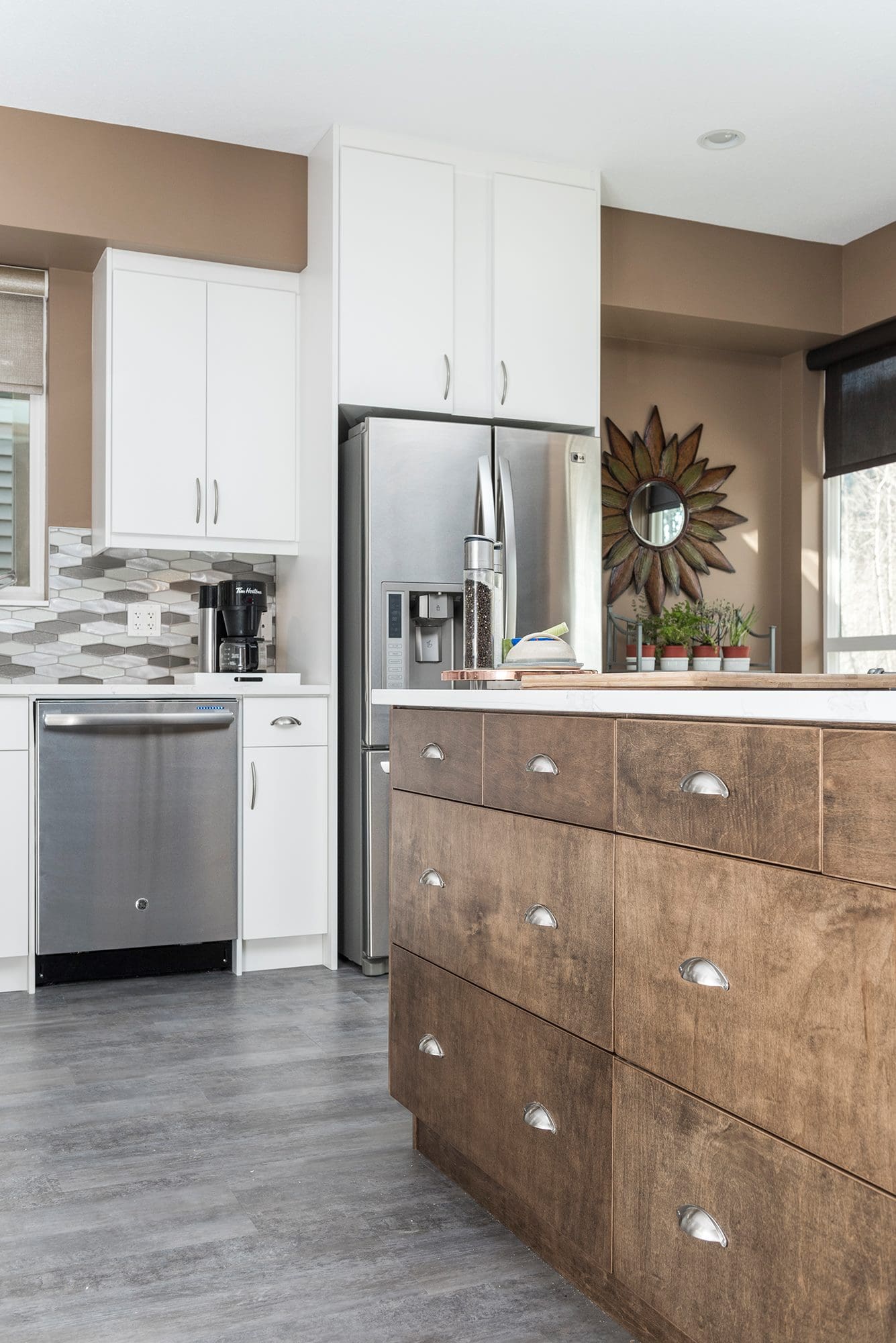 Kitchen with wood island drawers