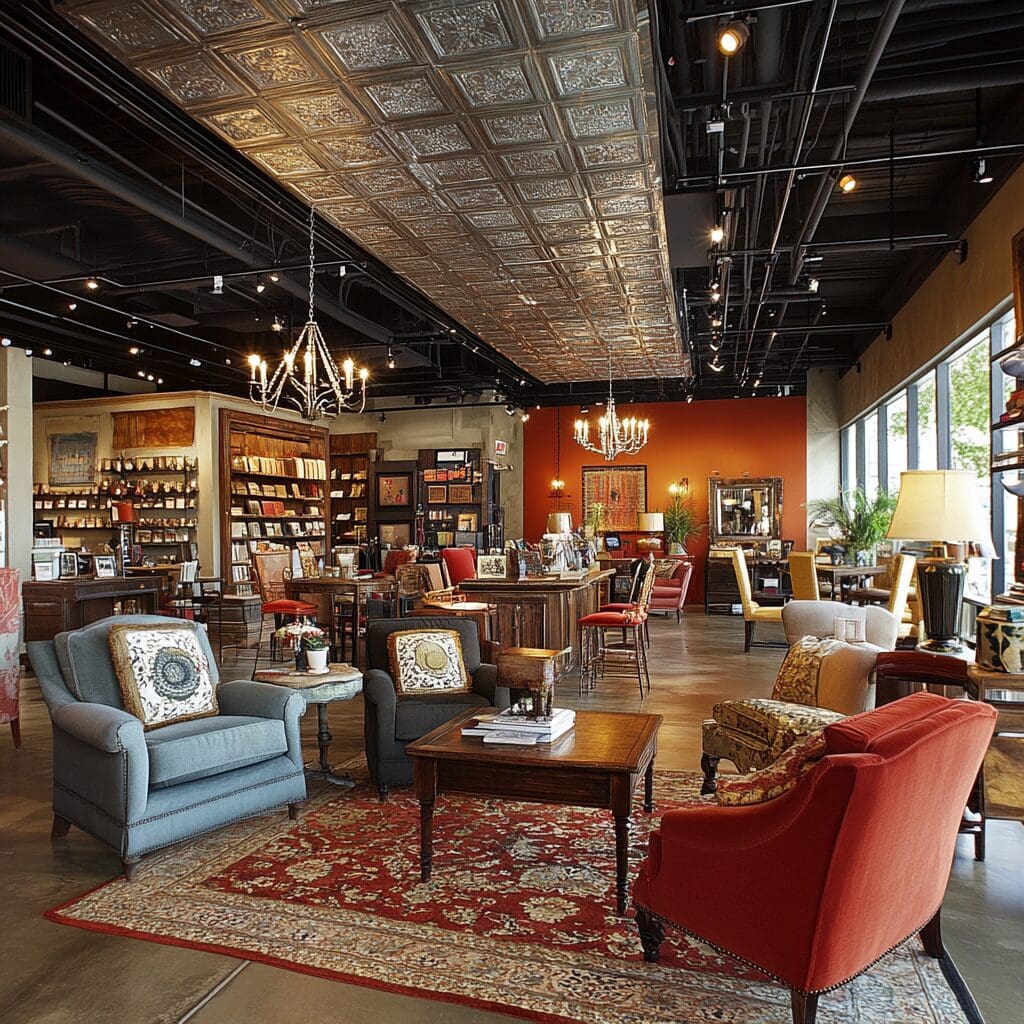 Modern retail showroom interior with vintage tin ceiling tiles, pendant chandeliers, comfortable seating arrangement on Persian rug, and warm orange accent wall showcasing 2025 retail design trends