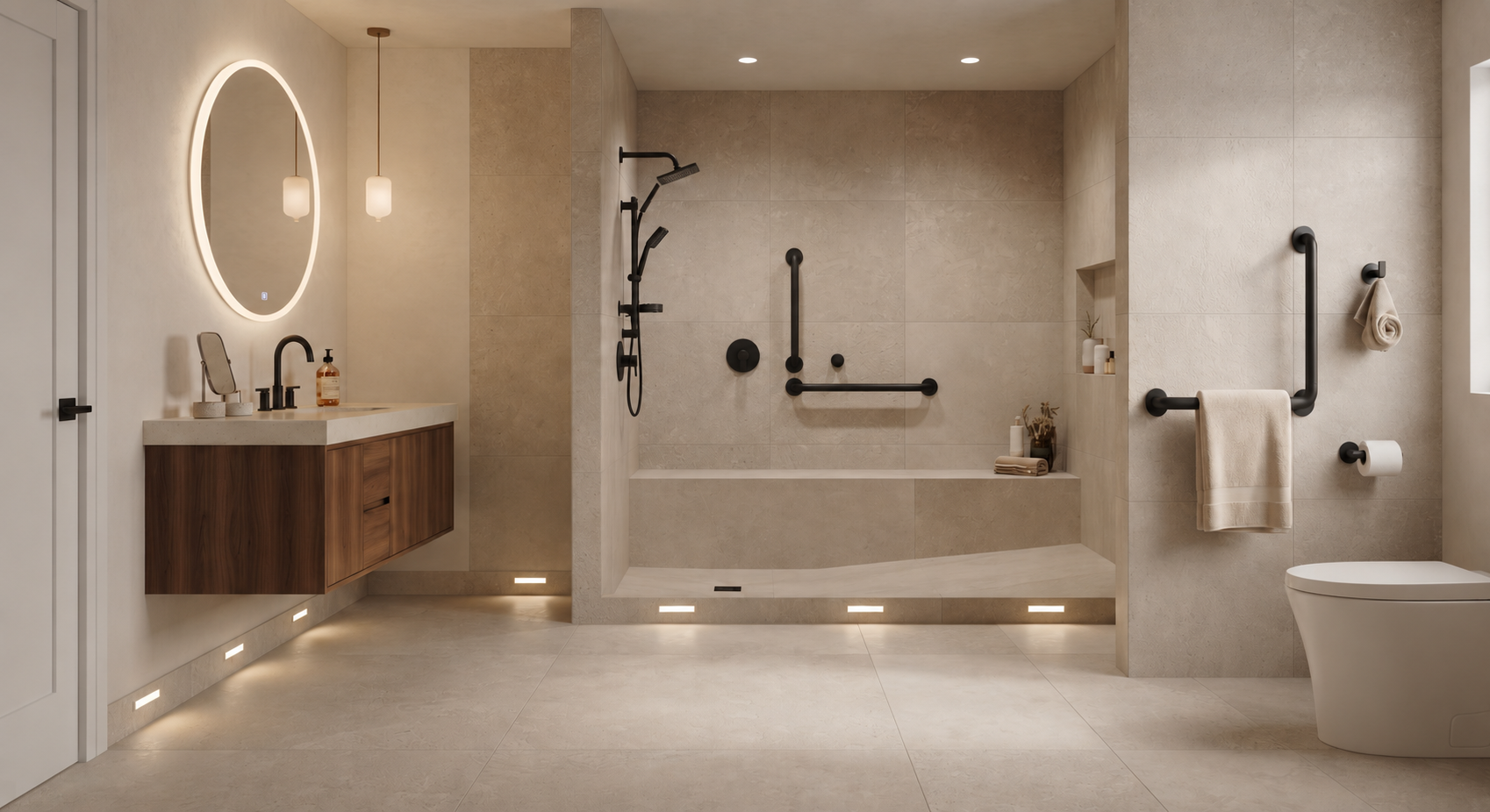 Renovated accessible bathroom in the Fraser Valley featuring a curbless zero-threshold walk-in shower with matte black grab bars, handheld wand, built-in bench, and soft night-path lighting along the baseboard