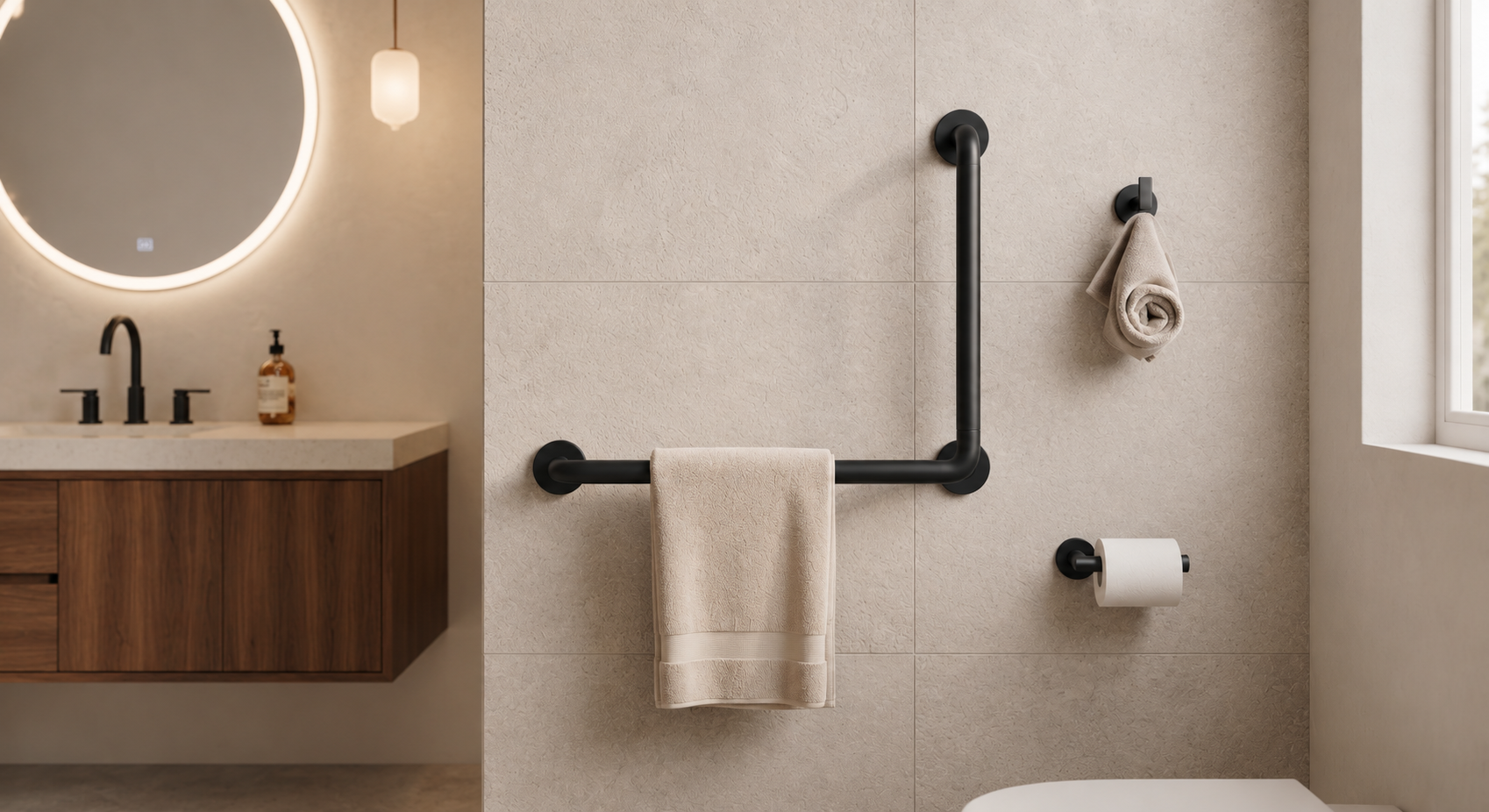 Matte black grab bar installed as a dual-purpose towel bar in a modern Chilliwack bathroom, with coordinated matte black toilet paper holder and matching hardware on large-format matte porcelain tile