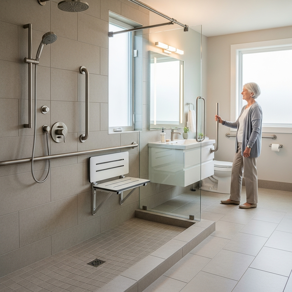 Smiling Canadian senior couple in their late 60s standing together in a bright, newly renovated accessible bathroom in a Fraser Valley home, featuring a curbless walk-in shower with stainless steel grab bars and a fold-down bench funded through the BC RAHA rebate program