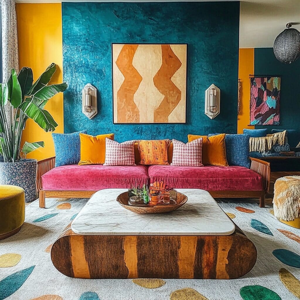 Colourful home renovation with bold accent walls and personalized design touches for retirees embracing vibrant interior design