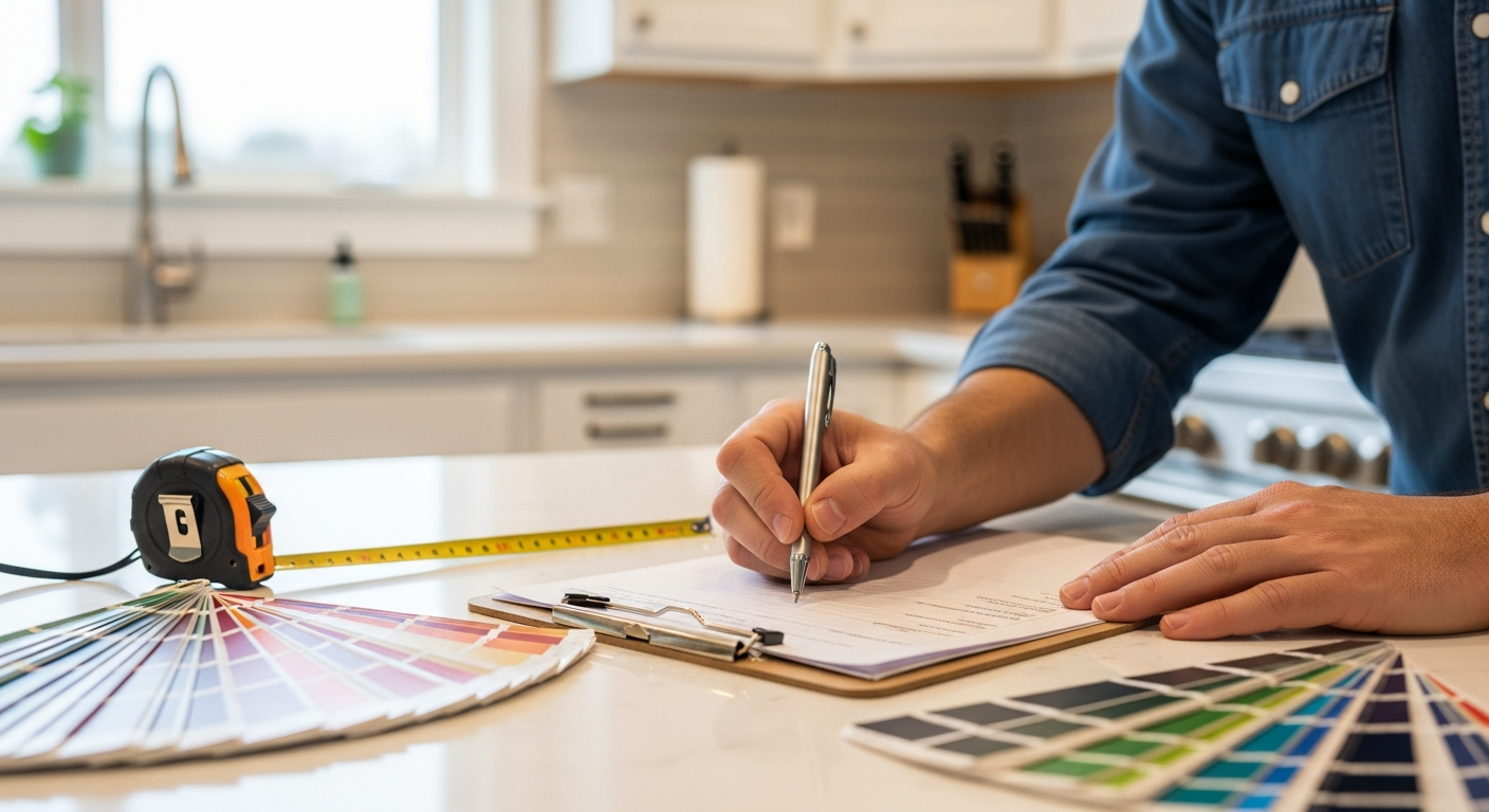 Renovation contractor's hands taking detailed notes on a clipboard with a tape measure and paint colour fan decks on a Fraser Valley kitchen countertop during an estimate walk-through