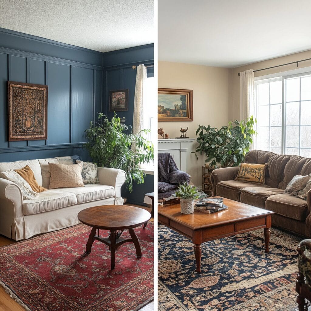 Before and after living room renovation comparison showing transformation from beige walls with brown furniture to elegant navy blue board and batten walls with white sofa and red Persian rug