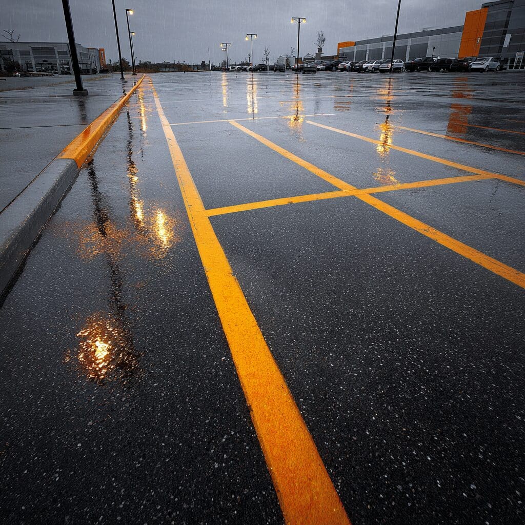 Freshly painted yellow parking lot lines on wet asphalt at a commercial property with reflective markings visible in rain