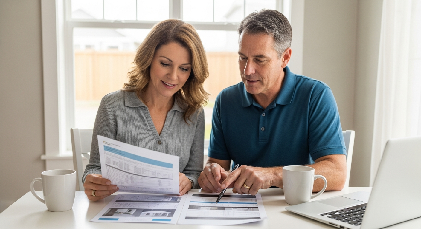 Chilliwack homeowner couple reviewing a printed Master Painting and Renovations written quote together at their kitchen table with coffee mugs and a laptop