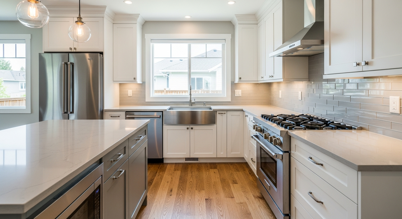 Beautifully renovated mid-range kitchen in a Fraser Valley BC home with white shaker cabinets, light grey quartz countertops, stainless steel appliances, and warm oak hardwood flooring