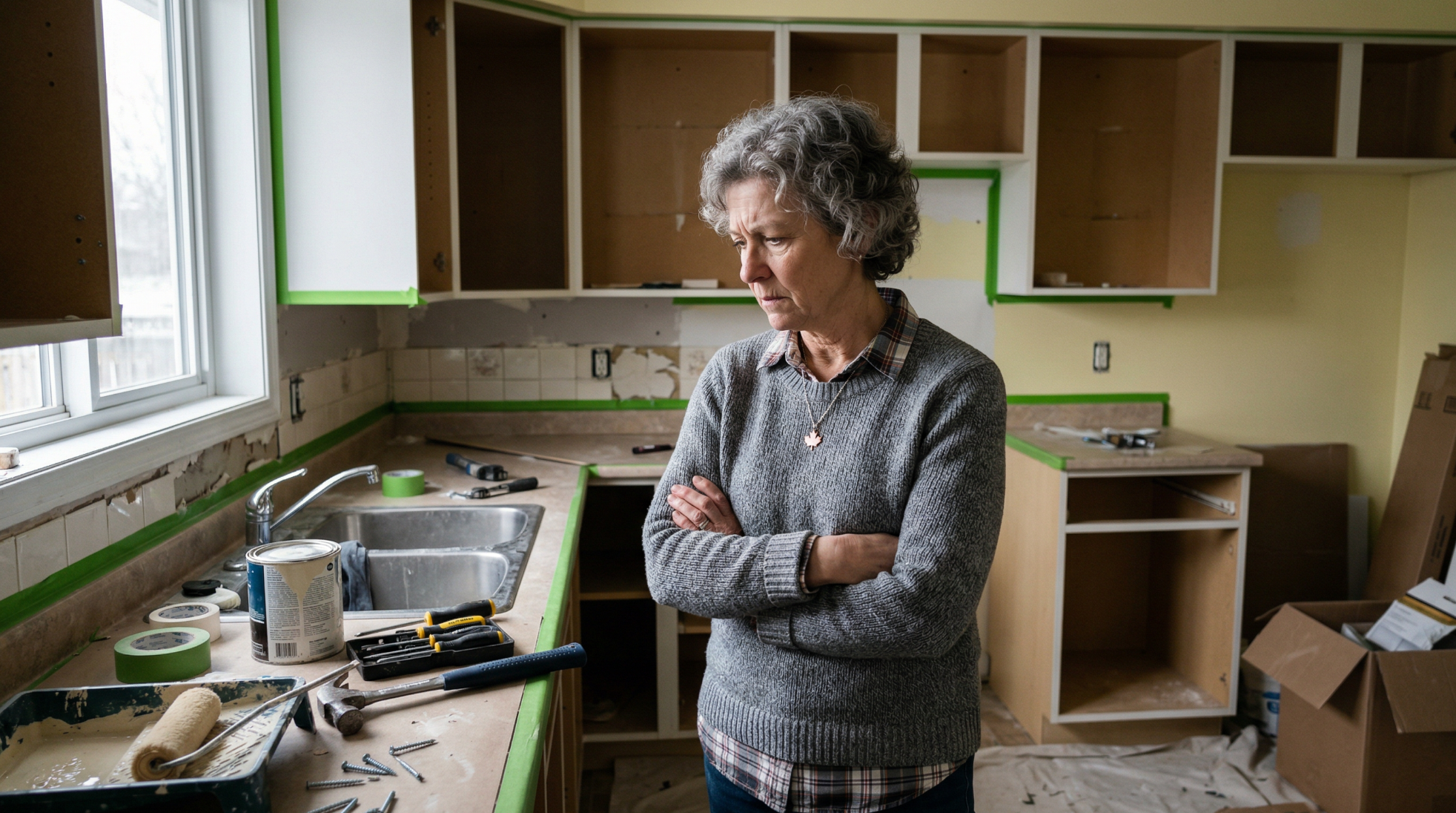 Frustrated homeowner standing in unfinished kitchen renovation with tools and construction materials scattered on countertops