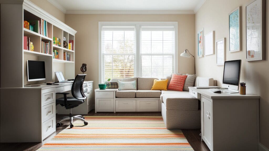 Multi-purpose guest room with home office that transforms for overnight visitors