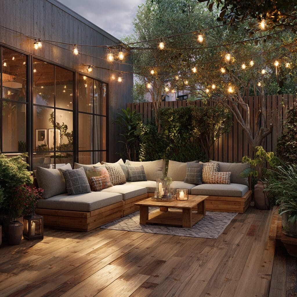 Cozy outdoor patio space at dusk with L-shaped sectional sofa, decorative throw pillows, string lights, wooden deck flooring, and lush garden landscaping perfect for empty nesters