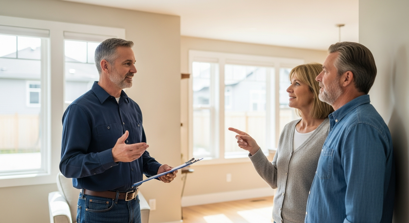 Master Painting and Renovations estimator with a clipboard meeting with homeowners in a bright Chilliwack living room to walk through a painting and renovation project quote