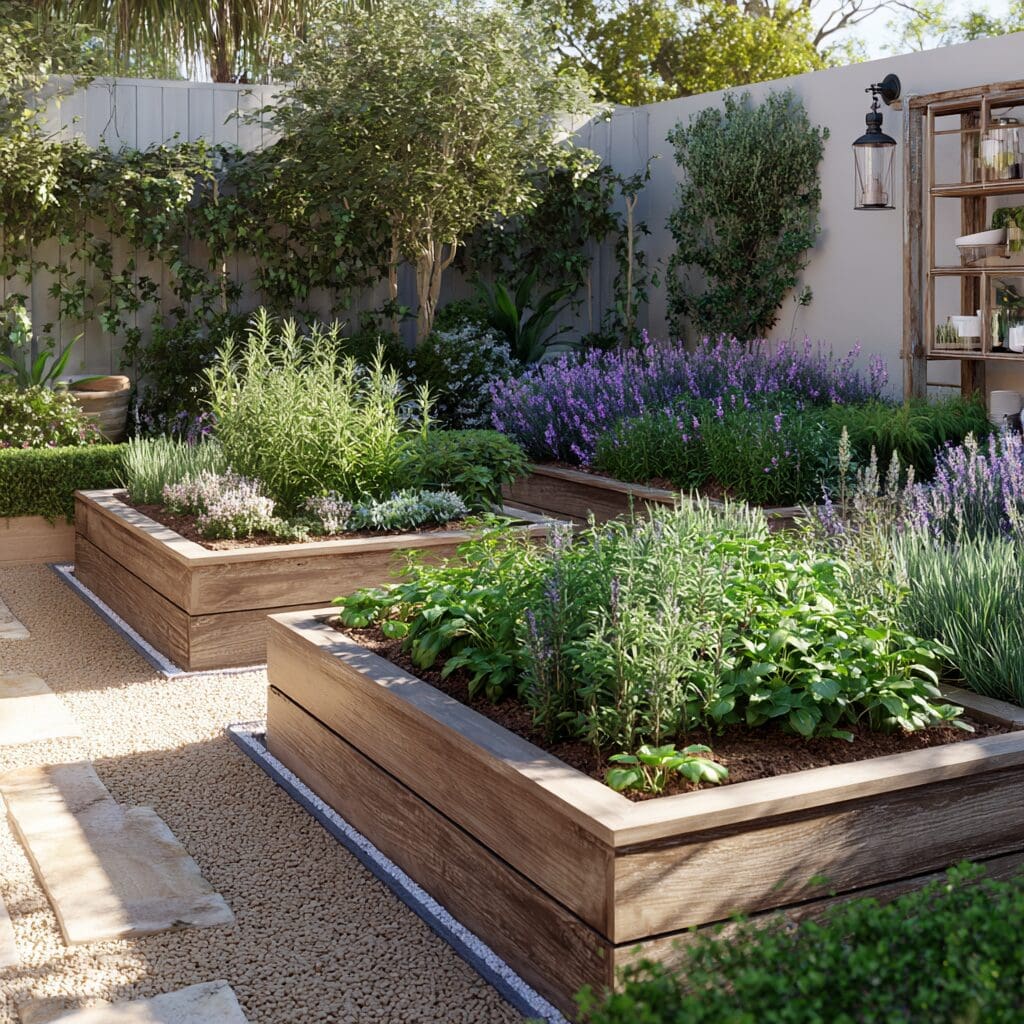 Raised planters in an outdoor garden setting for easy maintenance gardening in the Fraser Valley