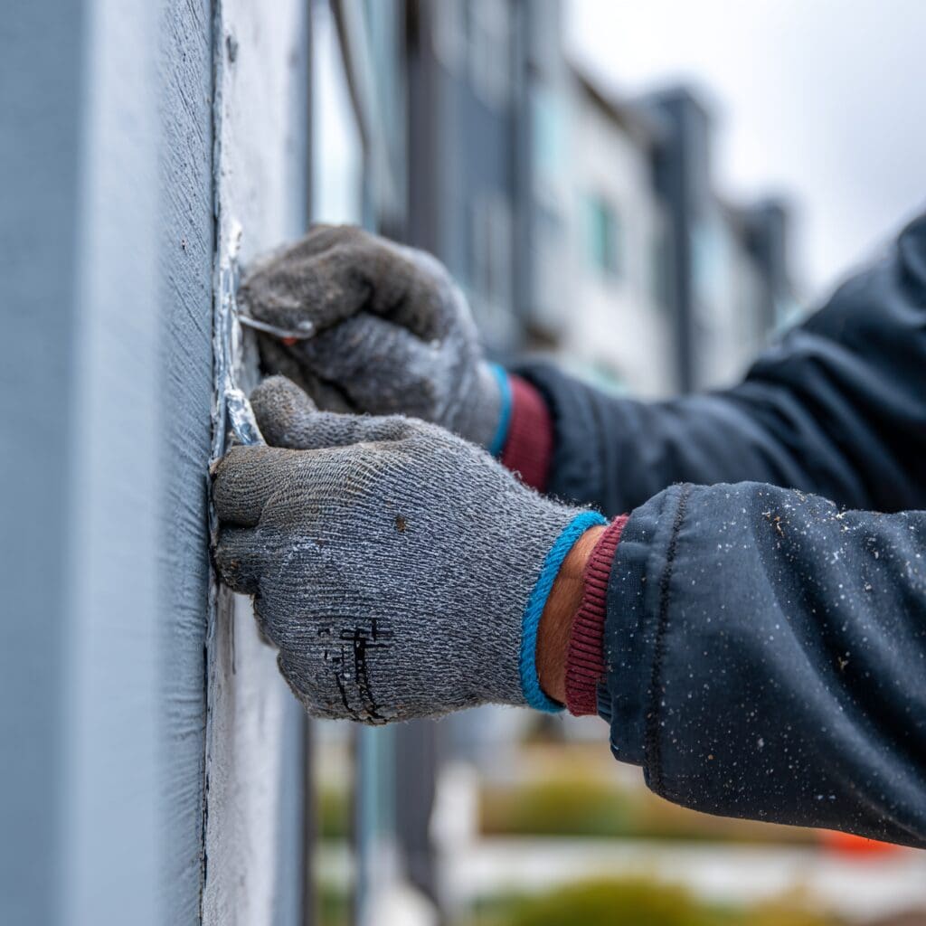 Professional painter wearing grey work gloves applying caulking to exterior strata building siding for proper paint preparation and maintenance