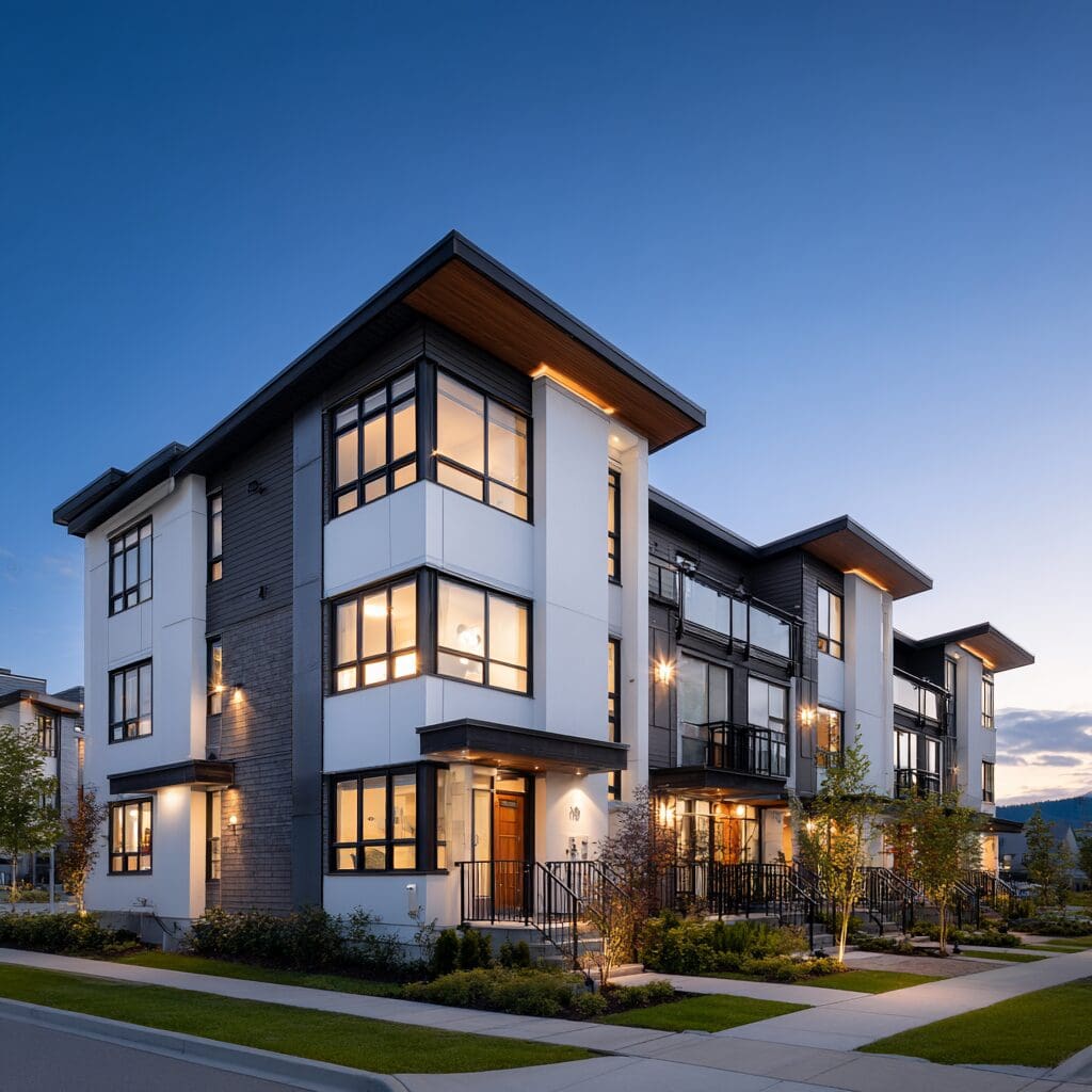 Modern three-story strata townhouses at dusk with contemporary white and grey exterior paint, black window frames, wood soffit accents, and professional landscaping in the Fraser Valley