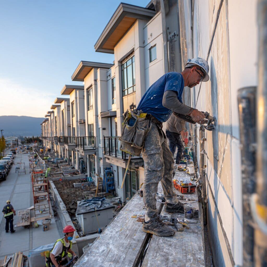 What strata property managers should know about commercial painting - freshly painted townhouses showing proper surface preparation