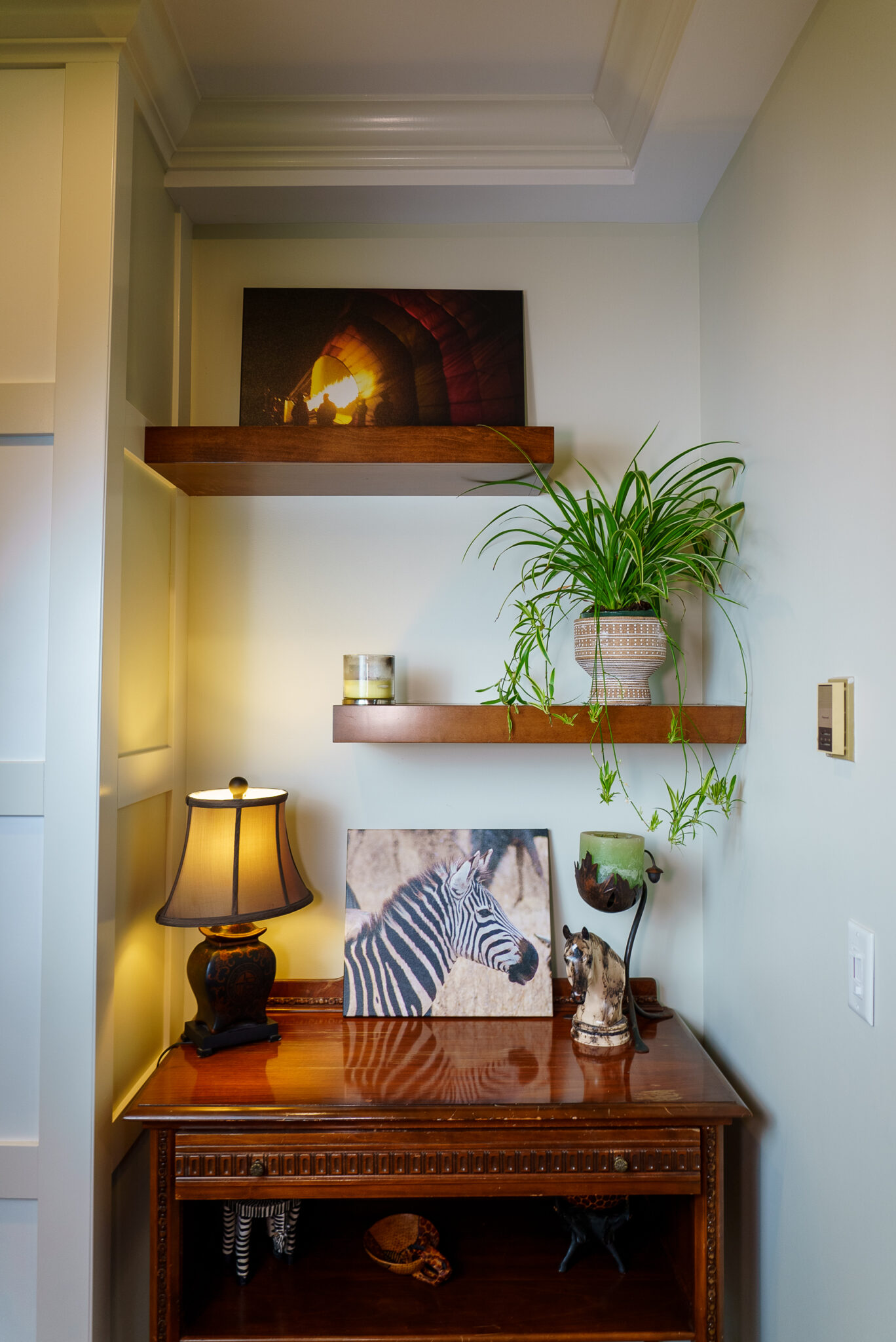 Custom floating wood shelves with decorative accessories Yarrow BC