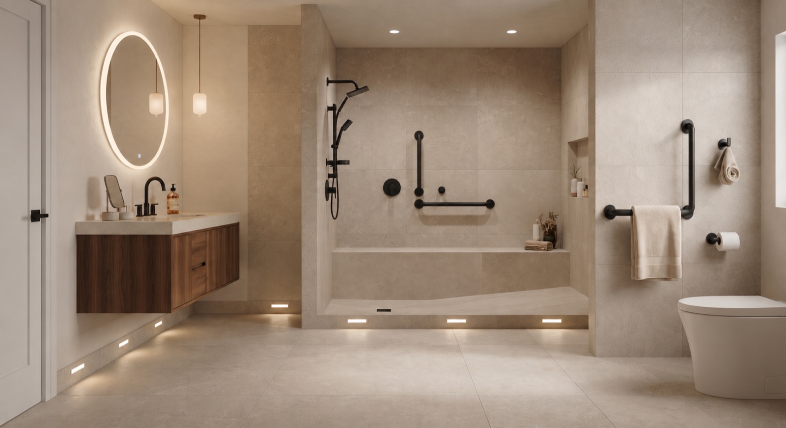 Renovated accessible bathroom in the Fraser Valley featuring a curbless zero-threshold walk-in shower with matte black grab bars, handheld wand, built-in bench, and soft night-path lighting along the baseboard
