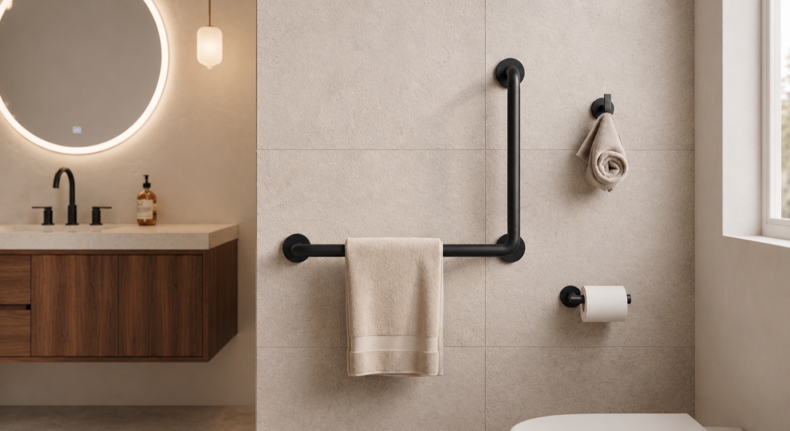 Matte black grab bar installed as a dual-purpose towel bar in a modern Chilliwack bathroom, with coordinated matte black toilet paper holder and matching hardware on large-format matte porcelain tile