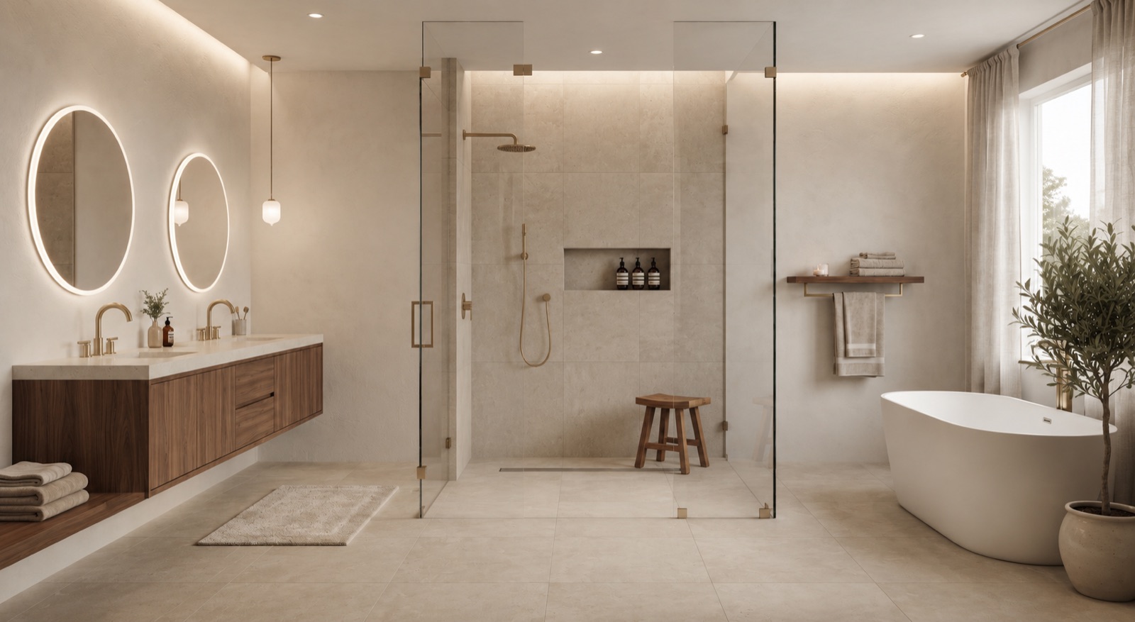 Bright, design-forward accessible bathroom in a Fraser Valley home with a curbless walk-in shower enclosed in frameless glass, floating walnut vanity, round backlit mirrors, and warm layered lighting