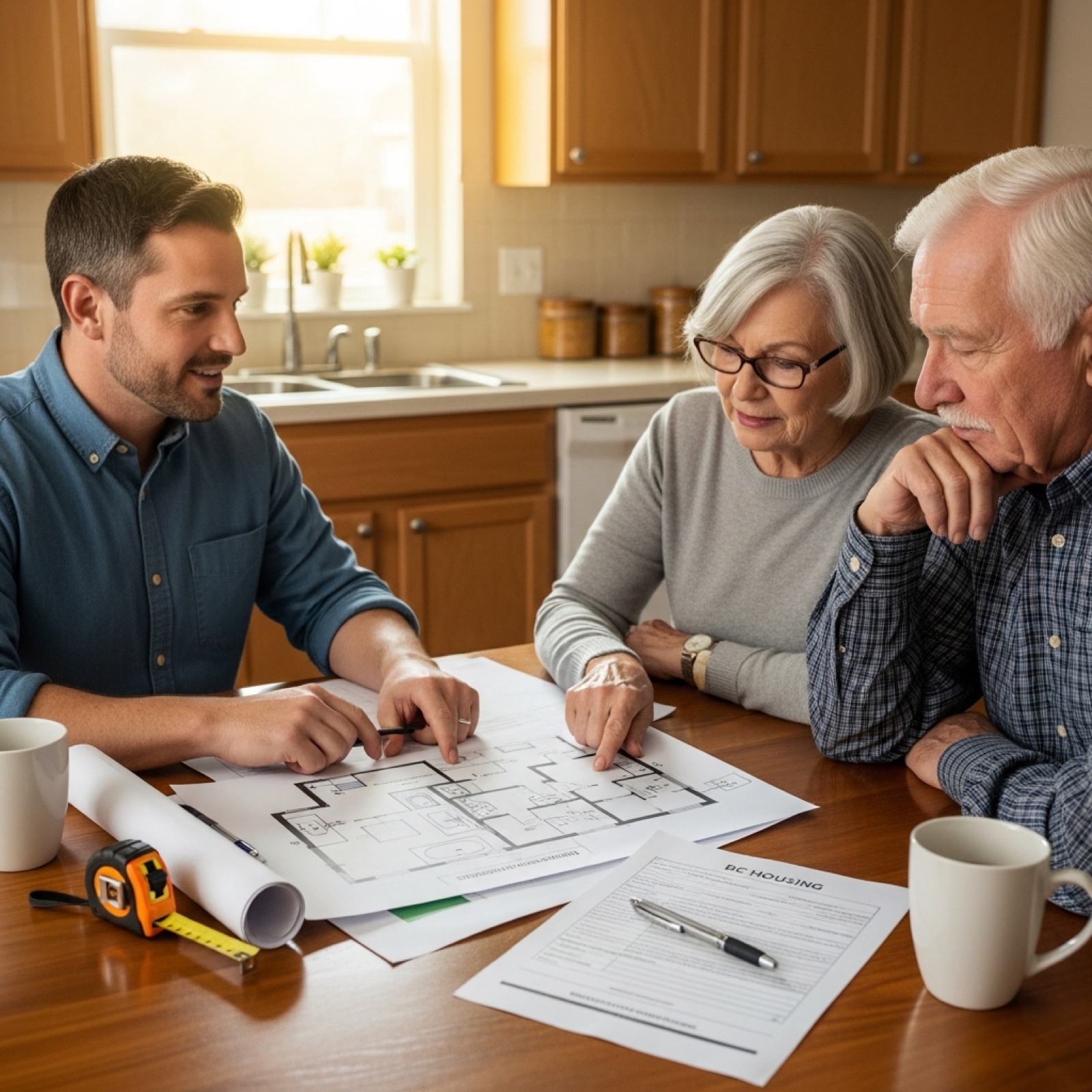 Renovation contractor sitting at a kitchen table with a Chilliwack senior homeowner couple, walking them through the BC RAHA application form and a printed accessibility renovation floor plan