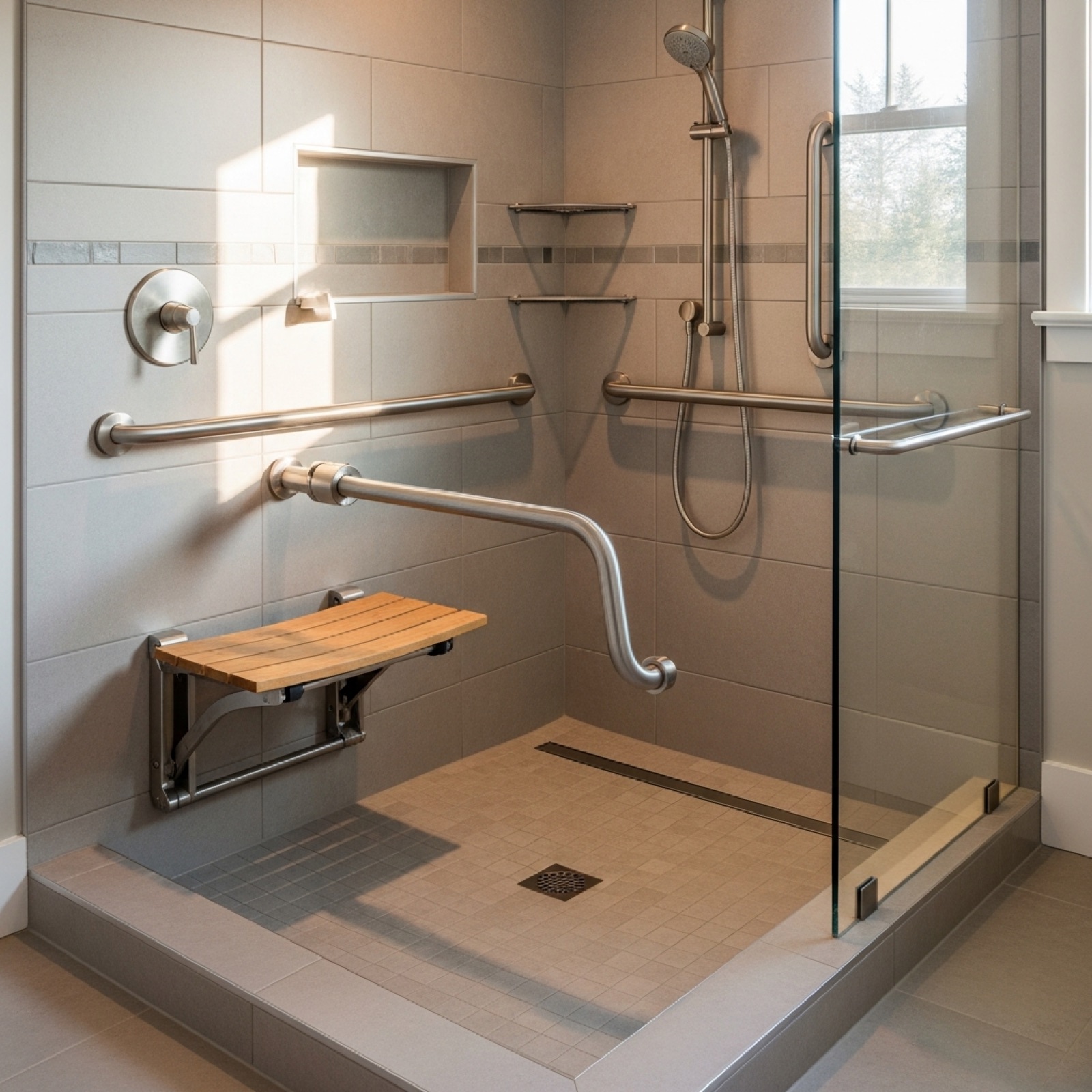 Completed BC RAHA accessibility bathroom renovation in a Fraser Valley home featuring a curbless zero-threshold walk-in shower with stainless steel grab bars, fold-down teak shower bench, handheld wand on a slide bar, and slip-resistant tile flooring