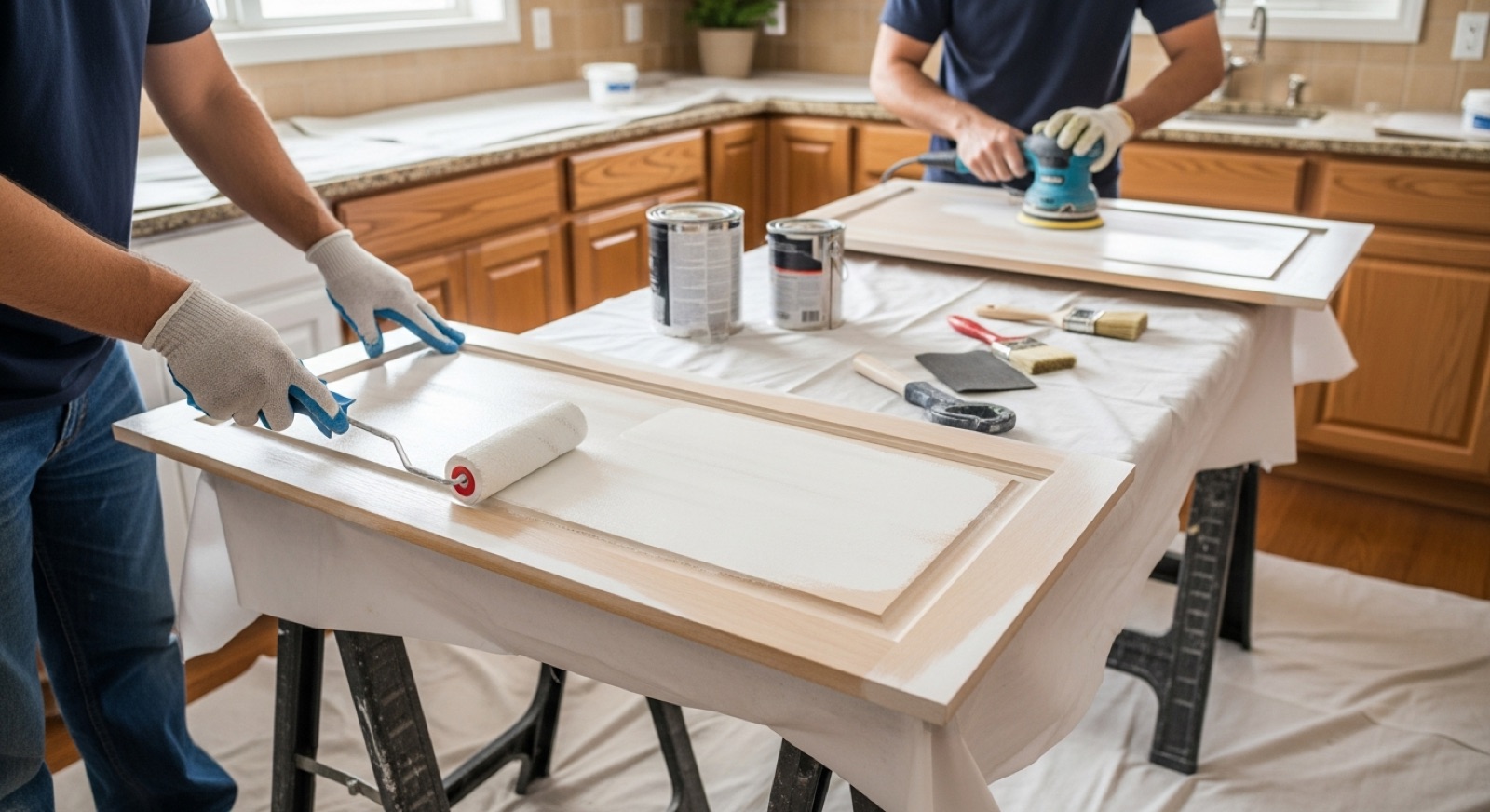 Professional painters transforming dated oak kitchen cabinets in a Chilliwack BC home, applying smooth white paint to cabinet doors laid flat on sawhorses with drop cloths protecting the countertops