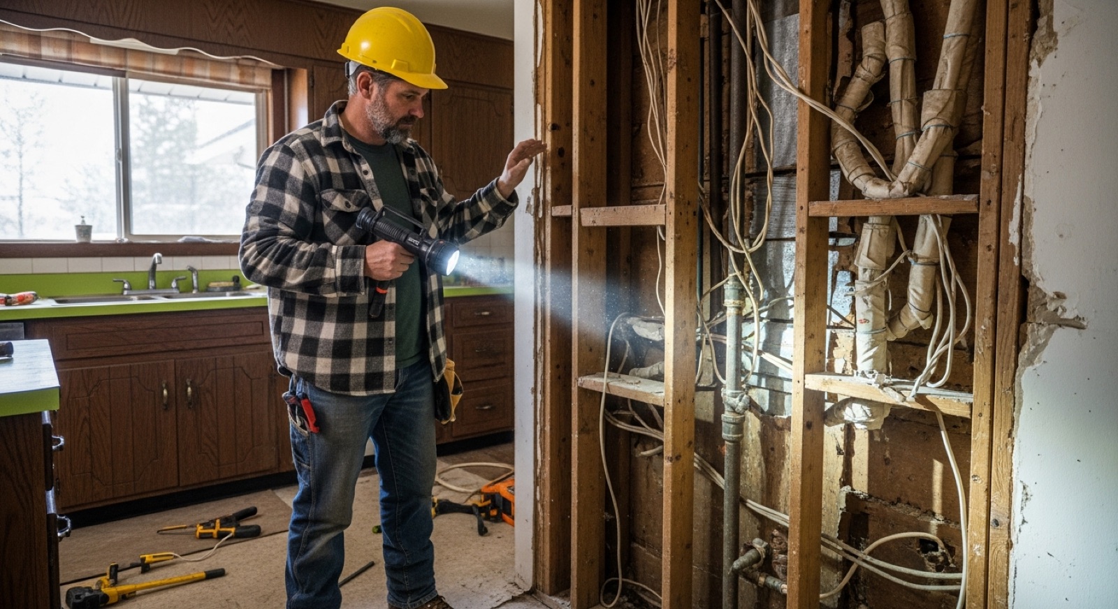 Contractor examining the inside of an opened kitchen wall in a 1970s Chilliwack BC home, revealing old galvanized pipes and outdated wiring during a renovation