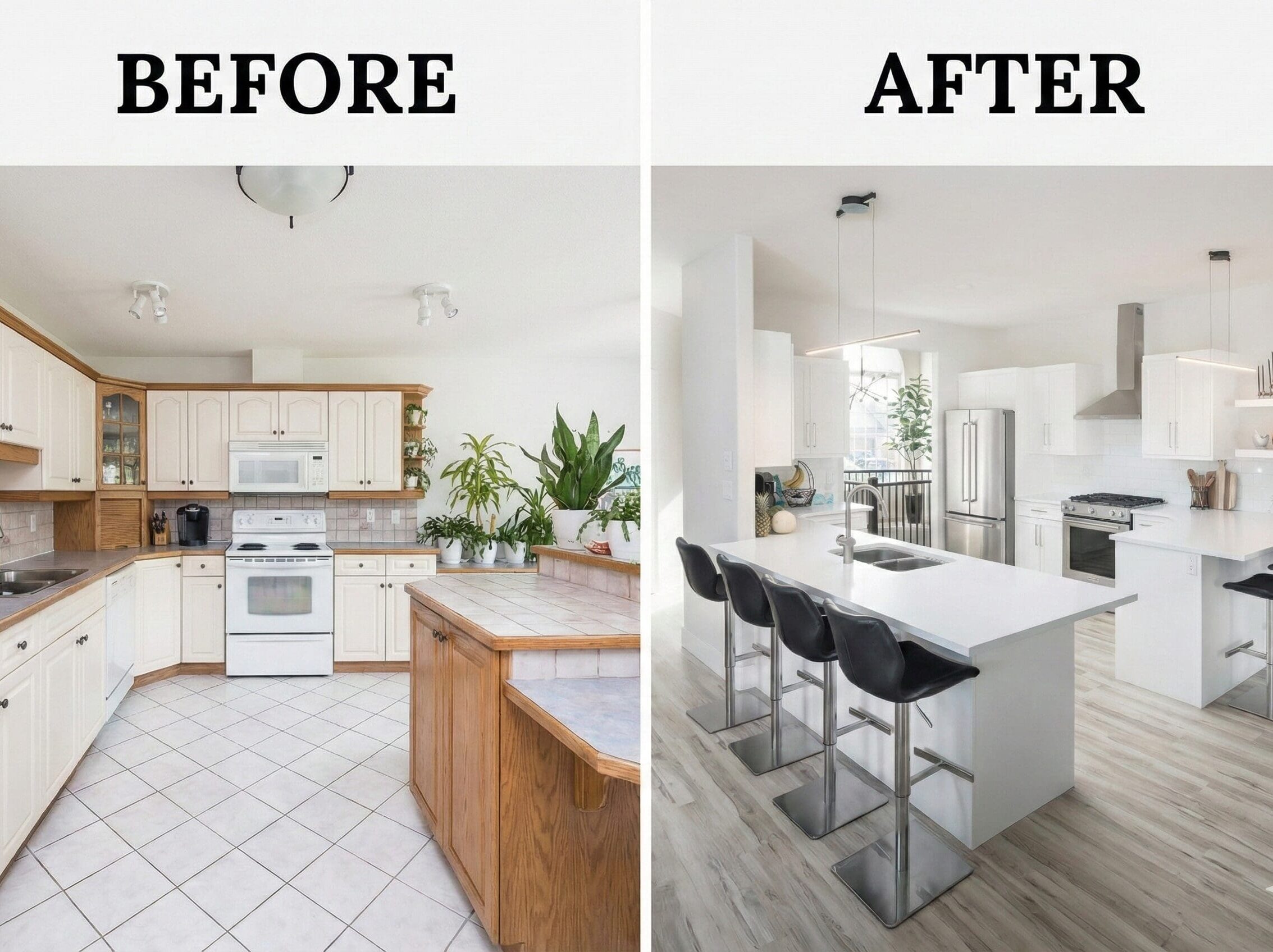 Before-and-after comparison of a Chilliwack kitchen renovation, showing a transformation from a dated, closed-in layout with oak cabinets to a bright, modern open-concept space with white cabinetry and light flooring.