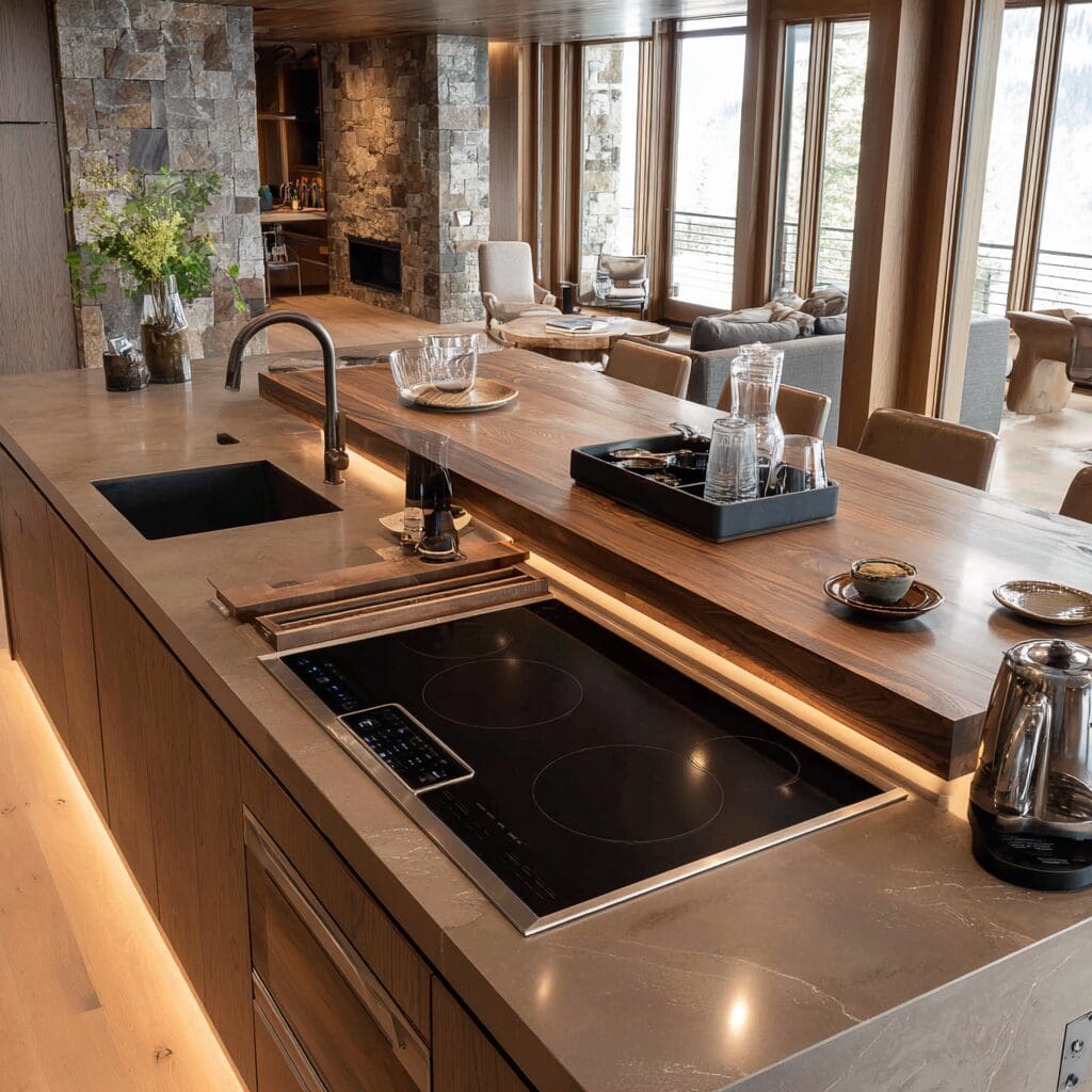 Chilliwack kitchen trend ideas, oversized island, built-in induction cooktop, integrated sink, layered wood accents, and ambient under-cabinet lighting.