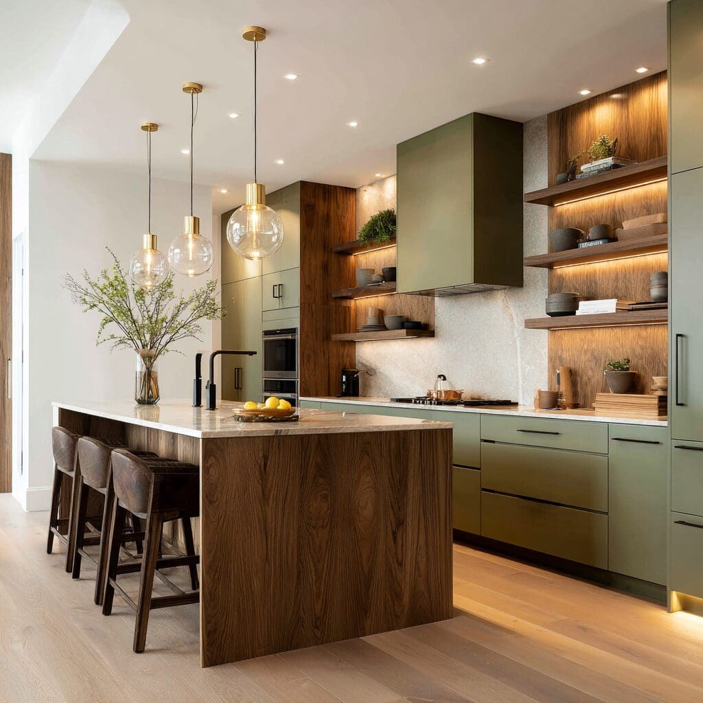 2026 kitchen design featuring olive green cabinets, rich walnut accents, open shelving with integrated lighting, and minimalist pendant fixtures in a west coast home.