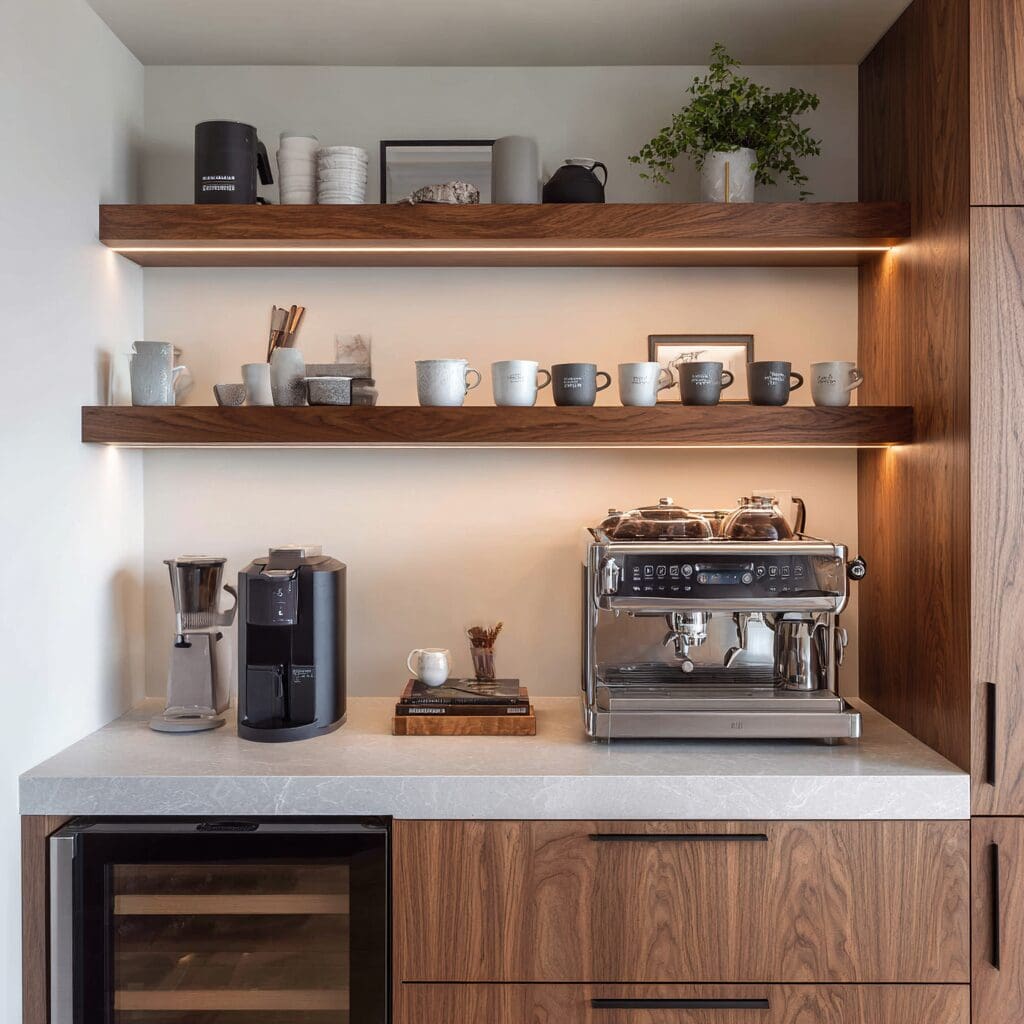 Dedicated kitchen coffee station with espresso machine, under-counter wine fridge, floating walnut shelves, and soft LED task lighting.