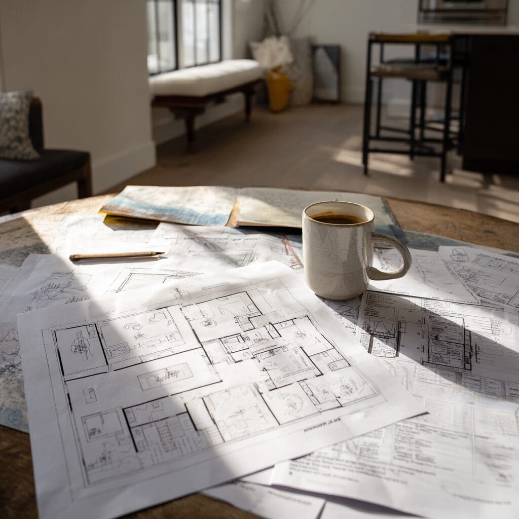 Architectural home floor plans spread across a round table with a mug of coffee and natural light from nearby window in a bright modern living space