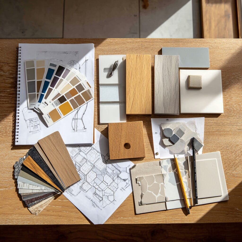Flat lay of home renovation planning materials on wooden table including floorplans, paint swatches, wood samples, tile samples, and pencils in natural winter light