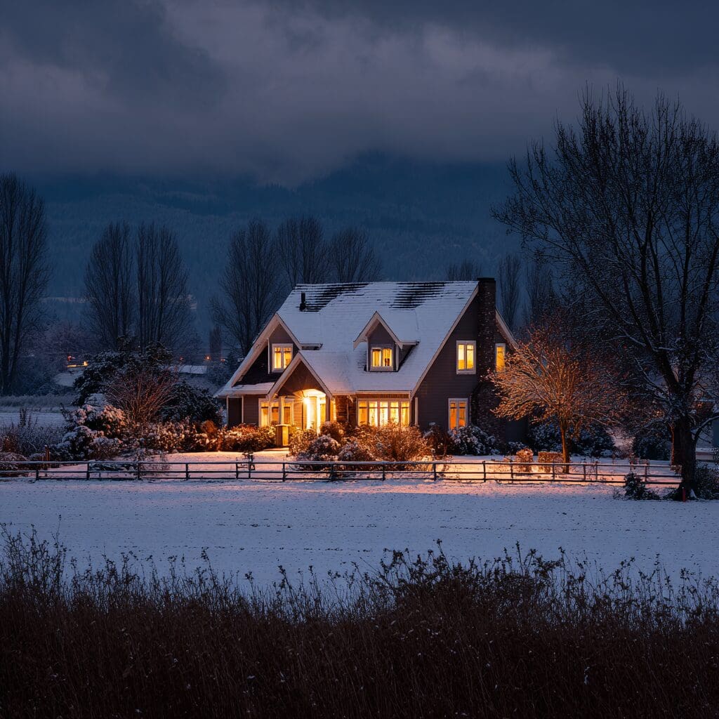 Charming Fraser Valley home glowing with warm interior lights under a snowy winter evening sky with trees and mountains in the background