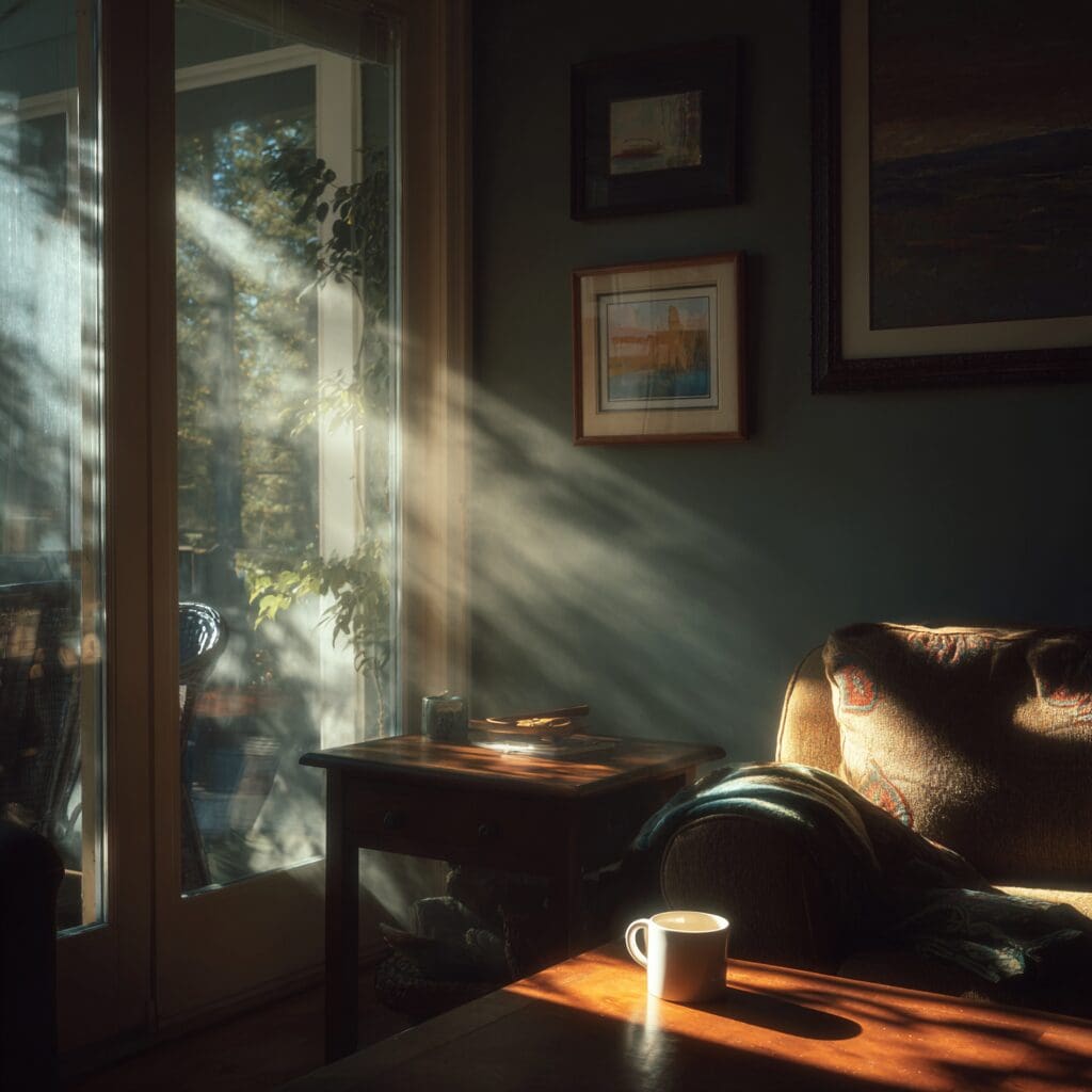 Morning sunlight streaming through living room window of furnished home with coffee cup on table