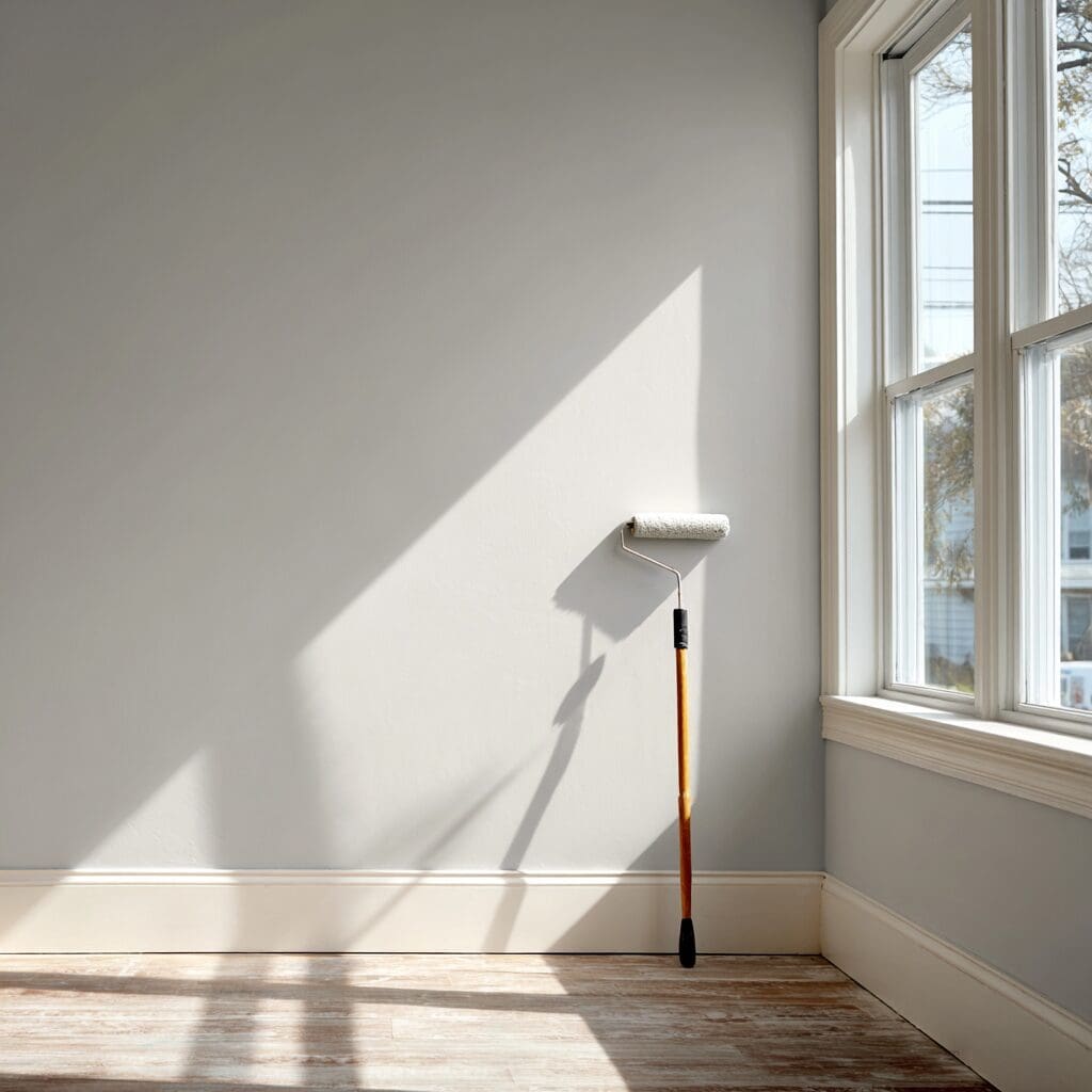 Freshly painted empty room with paint roller leaning against wall and natural light through window
